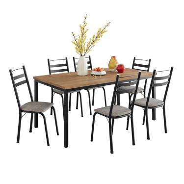 Imagem de Conjunto de Mesa Retangular com Tampo de MDP Amadeirado e 6 Cadeiras Adriana III Revestimento Sintético Cinza Claro e Preto