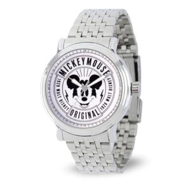 Imagem de Disney Relógio masculino Mickey Mouse preto e branco – Relógio clássico do Mickey Mouse com mostrador branco, caixa prateada e pulseira de aço inoxidável – Relógios masculinos de inspiração vintage