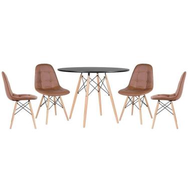 Imagem de Mesa Redonda Eames 100 Cm Preto + 4 Cadeiras Estofadas Eiffel Botonê Marrom Marrom