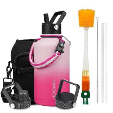 Imagem de YONICOER Garrafa de água isolada de 1,8 g, aço inoxidável a vácuo de parede tripla (pode ser lavada na lava-louças), à prova de vazamento e não BPA, jarro com alça de paracord e tampas de bico de