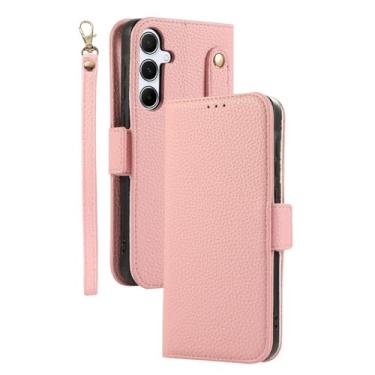 Imagem de HJZSZX Para Galaxy A55 5G Alça de pulso transversal Capa de telefone Carteira com porta-cartão (para Galaxy A55 5G/Rosa)