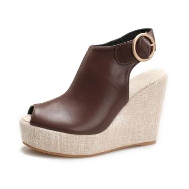 Imagem de qibusleen Sandália feminina redonda com plataforma peep toe, alpargata, 11 cm, salto alto, tira no tornozelo, sapatos femininos confortáveis de verão, sandálias casuais de praia, Fivela