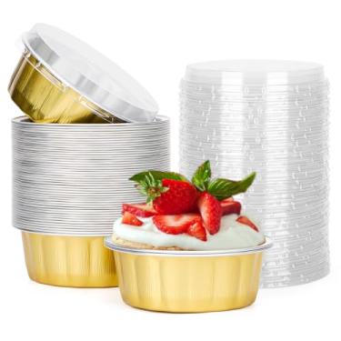 Imagem de Beasea Ramequins descartáveis com tampas, 236 ml, pacote com 50, copos de folha de alumínio, descartáveis, creme brulee, muffin, cupcake, mini copos de pudim para festa, casamento, aniversário