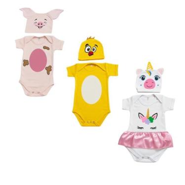 Imagem de Kit 6 Peças Body Touca Temático Mesversário Animais Bichinhos Fazendin