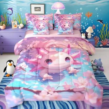 Imagem de Axolotl Conjunto de cama infantil kawaii, animais florais, 7 peças, tamanho solteiro, oceano, vida marinha, edredom com lençóis, fronhas e fronhas para decoração de quarto feminino e masculino