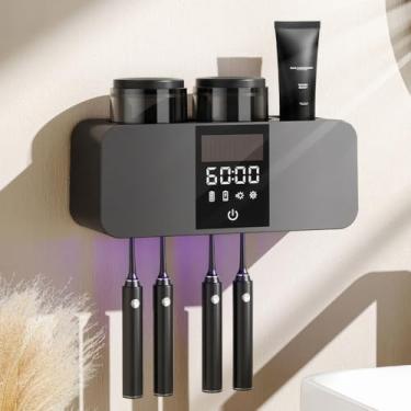 Imagem de Suporte inteligente de escova de dentes montado na parede com carregamento solar, 4 compartimentos de escova e 2 xícaras, organizador de escova de dentes elétrico multifuncional com secador embutido