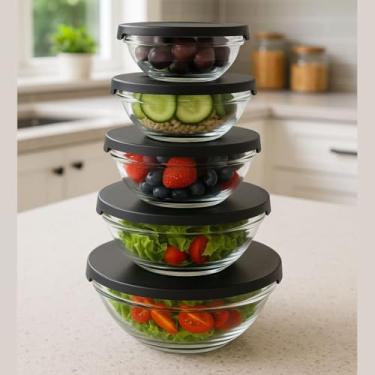 Imagem de Conjunto 5 Potes de Vidro com Tampa Preta – Potes Herméticos Redondos para Mantimentos, Frutas, Saladas e Grãos – 135ml a 1000ml – Resistentes, Empilháveis e Livres de BPA (Preto)