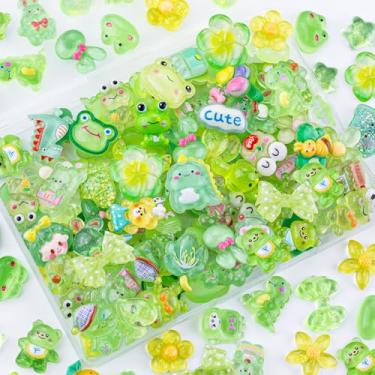 Imagem de 100 peças de pingentes de geleca verde sortidos lindos enfeites de geleia, ornamento aleatório de resina plana a granel urso coelho kawaii acessórios para capa lixo de telefone, grampos de cabelo