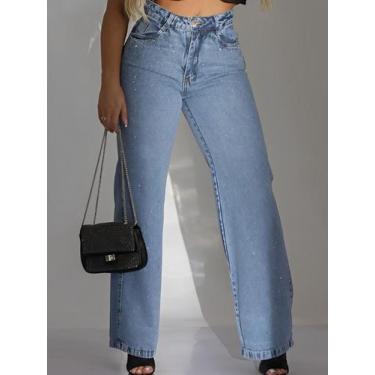 Imagem de Calça Jeans Feminina Wide Leg Com Strass Brilhinhos - Rezes Moda, Azul