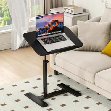 Imagem de Mesa lateral ajustável em forma de C, mesa giratória de 360°, mesa superior inclinável para laptop com rodas ocultas, mesas de canto de sofá móvel que deslizam para baixo, mesa de centro de TV com