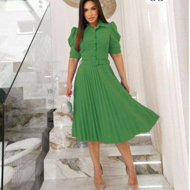 Imagem de Vestido mídi saia Plissada crepe de malha com elasticidade gola polo c