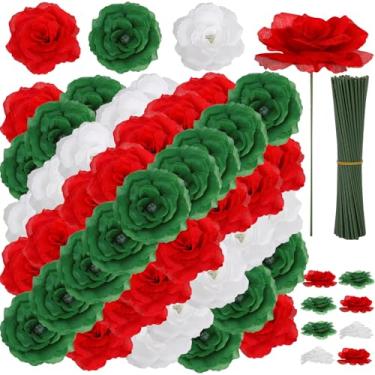 Imagem de 108 peças de flores de cabeça de rosas com haste - flores artificiais italianas vermelhas e verdes brancas a granel - flor falsa de rosa de seda para buquê de casamento nupcial DIY chá de bebê centro
