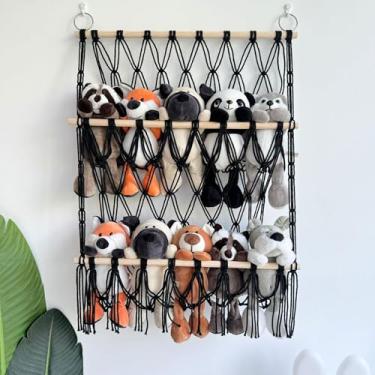 Imagem de Rede de bichos de pelúcia com bastão de madeira, suporte para animais de pelúcia de 2 camadas, organizador de armazenamento de berçário de canto suspenso para brinquedos infantis, decorações de