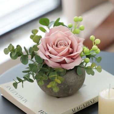 Imagem de mizii Kit de flores artificiais pequenas DIY flores falsas realistas rosa de seda e vegetação com vaso para presentes mesa centro de mesa manto prateleiras de mesa de escritório decorações de sala de