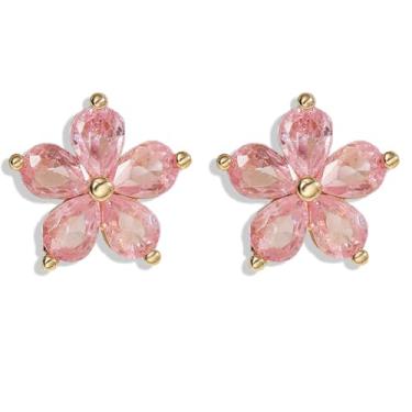 Imagem de Brincos femininos delicados de flor de zircônia cúbica rosa fofa, brilhante, floral, banhado a ouro 18 k, hipoalergênico, cartilagem, orelha sensível, moda, festa de casamento, formatura, bijuteria