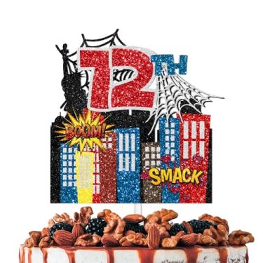 Imagem de Colorful Glitter Cake Topper Pick for Spider Web City Hero Night Theme Decor Supplies Happy 12th Birthday Anniversary Party Decorations