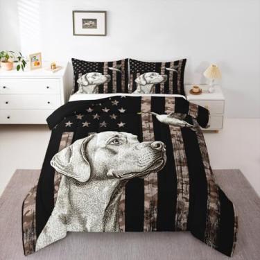 Imagem de jejeloiu Conjunto de edredom de caça de pato para todas as estações, conjunto de cama com 2 fronhas, pato selvagem, Queen, bandeira americana, decoração de quarto, cinza, preto, respirável, macio