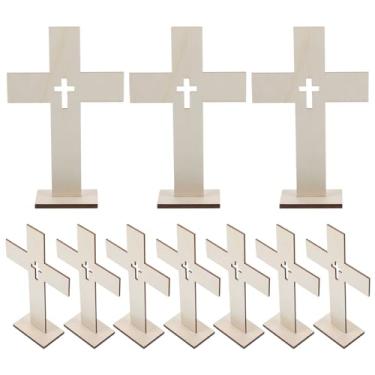 Imagem de DOITOOL 10 peças de enfeite de cruz de madeira, cruz de pé com base, decoração de mesa religiosa multicolorida para batismo, eventos de igreja, decoração de casa, 15 x 10 x 4,5 cm