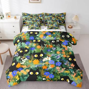 Imagem de jejeloiu Jogo de edredom de gato preto fofo com estampa kawaii, estampa floral, 7 peças, para meninos e meninas, decoração de quarto
