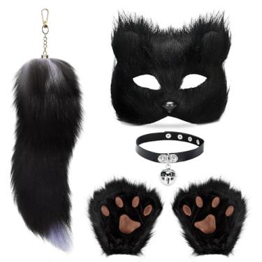 Imagem de BADALU Conjunto de máscara e cauda de gato Therian para meninas - Máscara de raposa peluda de Halloween, cauda de lobo, fantasia de gato com gargantilha de couro - Acessórios de festa cosplay de pele