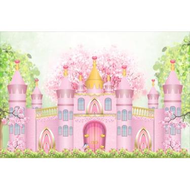 Imagem de Painel de Lona Castelo Princesa Rosa e Flores - Fabrika de Festa, 100x