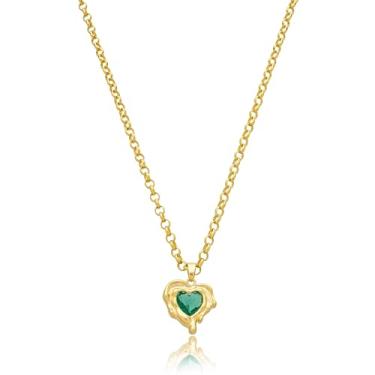 Imagem de Drusi Semi Joias, Colar Elo Português Com Pingente Coração Verde Esmeralda Folheado A Ouro 18k