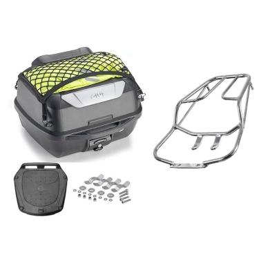 Imagem de Kit Baú 43L Monolock Adventure Givi E43nbr + Bagageiro Moto Titan Fan 125 150 2009 A 2013 Cromado Tubo Projetil