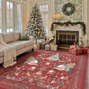 Imagem de Kokia Tapetes decorativos de Natal 12 x 18 cm, tapetes vermelhos vintage para sala de estar, tapete lavável antiderrapante com Papai Noel, rena e árvore de Natal para decoração de férias de quarto de