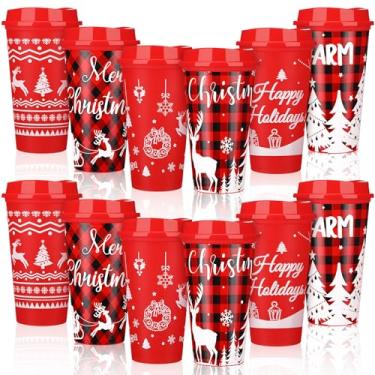Imagem de Tioncy 12 peças de copos de café reutilizáveis de Natal presente 473 ml com tampas copos de plástico caneca de café de viagem presentes de agradecimento para o inverno (alce)