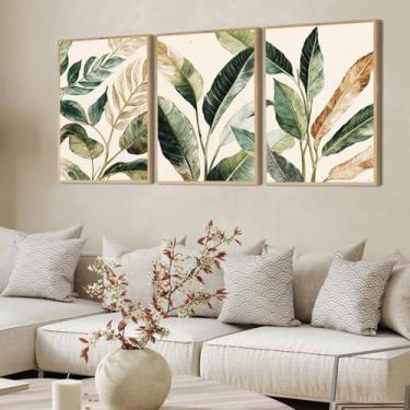 Imagem de Quadros Decorativos Folhas Tropicais Verde Bege Luxo Moldura (Moldura Bege, 40x60, Sem Vidro)