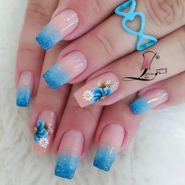 Imagem de Unhas longas quadradas com pontas francesas gradientes azuis claras unhas postiças com glitter azul cola em unhas postiças com design de flores, unhas de acrílico, cobertura completa para mulheres