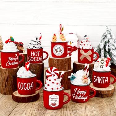 Imagem de Vesici Bandeja de Natal em camadas, mini canecas de café de cerâmica com decorações de chantilly falso, decoração separável de cacau quente, café, cornija, prateleira, mesa, centro de mesa, presentes