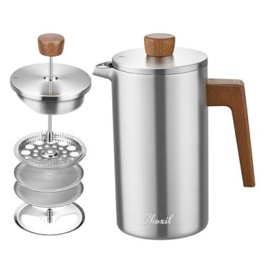 Imagem de shoxil Cafeteira francesa, prensa de café de aço inoxidável de 1000 ml, cabo de madeira real, prensa de café francesa com isolamento de parede dupla com tela de filtro duplo, perfeita para uso em