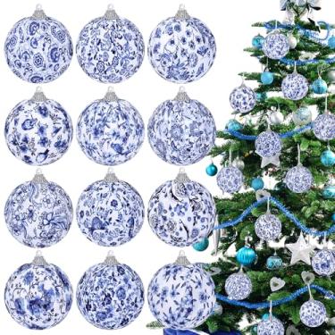 Imagem de 12 peças de enfeites de bola azul e branca de Natal, 8 cm, enfeites de pendurar em árvore de Natal chinoiserie para decoração de Natal embrulhada em tecido para árvores, festa de Natal, casa, feriado