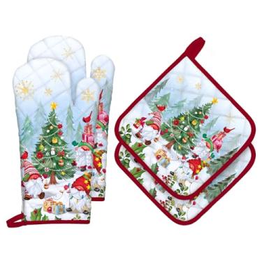 Imagem de Arquiel Conjuntos de luvas de forno e suportes de panela de Natal de inverno, 4 peças, 100% algodão, resistentes ao calor, luvas de forno extralongas para cozinha, cozinha, decoração de panificação