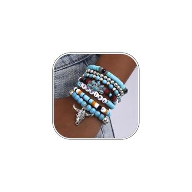 Imagem de Dlknp Pulseiras ocidentais femininas elásticas turquesa com contas Bullhead Boho conjunto cowgirl joias para mulheres western pacote com 7
