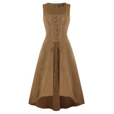Imagem de Scarlet Darkness Vestido de pirata renascentista feminino camponês alto baixo vestido de renda com bolsos marrom claro M