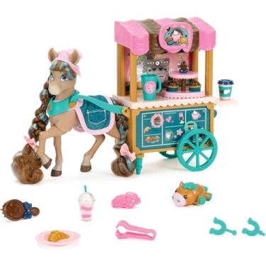 Imagem de Brinquedo Conjunto de carrinho de café Cocoa's B com boneca Cocoa Horse, acessórios para doces e bebidas, escova e bicho de pelúcia