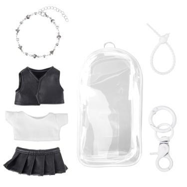 Imagem de Tinoaly Bolsa Transparente para Exposição de Bonecos com Roupas de Boneca 17cm (Camiseta, Saia, Colete, Colar), Acessórios com Chaveiro e Bola Pelúcia para Decoração Armazenamento (Sem Boneca)