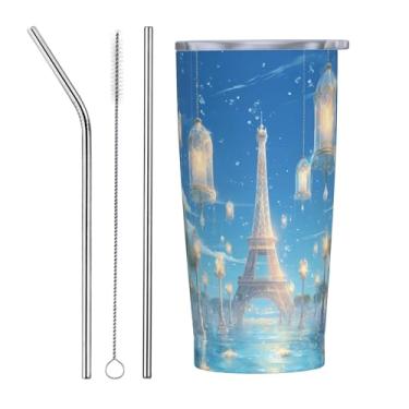 Imagem de Yrebyou Copo Torre Eiffel Paris 590 ml com tampa e canudo caneca de café isolada de aço inoxidável copo de viagem à prova de vazamento para água chá gelado ou café