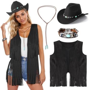 Imagem de PARTTELY Roupas femininas ocidentais de vaqueira, colete de cowgirl, boho, chapéu de caubói, colete com franjas para cosplay de Halloween, Preto, G