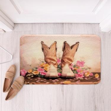 Imagem de Erosebridal Western Cowgirl Boots Tapete de banho, boho floral flores silvestres, conjunto de tapete de banheiro para meninas e crianças, tapete de banho rústico retrô 40,6 cm x 61 cm, tapete de porta