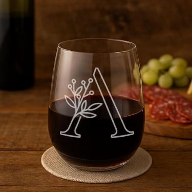 Imagem de On The Rox Drinks Presentes com monograma para mulheres e homens - Letra A-Z com monograma gravado com inicial taça de vinho sem haste - presentes de vinho personalizados de 500 ml para mulheres e