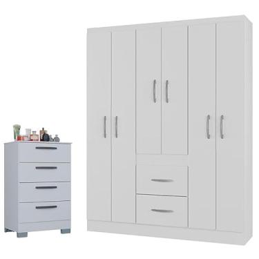 Imagem de Cômoda 867 4 Gavetas com Guarda Roupa Casal Milão 6 Portas Branco Brilho - Poquema