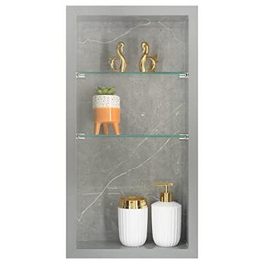 Imagem de Nicho Vertical em Porcelanato Polido (Cinza/Cinza) - 2 Prateleiras de Vidro, Borda em Alumínio, 60x30x11 cm, Para Banheiro, Organizador de Produtos de Higiene