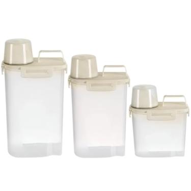 Imagem de Kit 3 Potes Herméticos Plástico Livre de BPA para Armazenamento, Transparente e Bege, Capacidades 1,75L, 2,5L e 3L, com Tampa Hermética para Arroz, Grãos e Farinha
