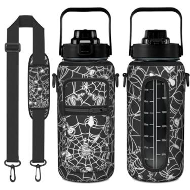 Imagem de Garrafa de água de 1,8 litro de Halloween com manga - Flip Top livre de BPA 1,8 g - Marcador de tempo motivacional à prova de vazamento - Presentes góticos de bruxa para mulheres - Cobra de teia de