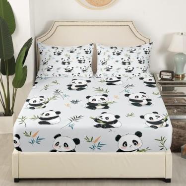 Imagem de Jogo de cama solteiro fofo de animais pretos e brancos, para decoração de quarto de meninas e adolescentes, lençol com elástico de microfibra macia (1 lençol com elástico + 1 fronha)