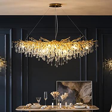 Imagem de Luminária pendente moderna oval de cristal dourado e preto com altura ajustável, luminária pendente contemporânea em formato de gota de chuva embutida