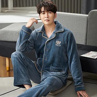Imagem de ifgswopq Pijamas para homens conjuntos de pijama de flanela masculino inverno masculino conjunto de lounge quente grosso moda bordado listrado pijama masculino casual loungewear 3GG (cor: W tamanho: G